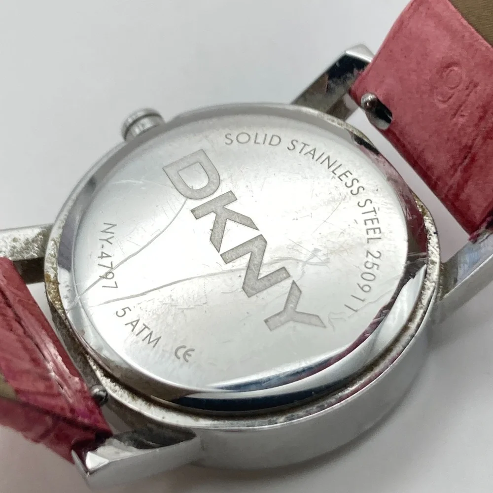 DKNY Women's Watch Silver Tone 28mm MOP Dial Pink Leather New Battery 8.25